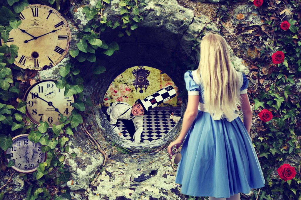 Image of Alice looking down the rabit hole.