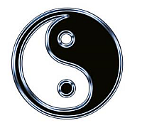 Black and white image of a yin yang symbol, highlighted with silver.