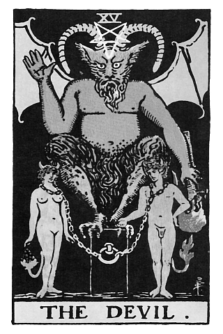 Rider Waite Tarot Card grey scale image of 'The Devil'