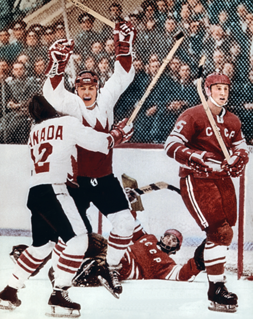 Image of Paul Henderson Scoring the winning Goal during the 1972 summit series.